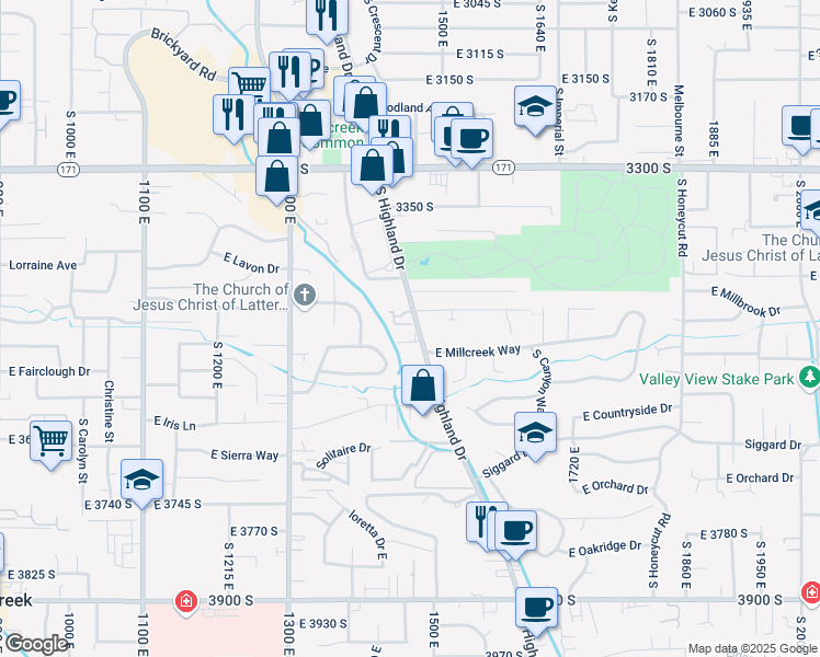 map of restaurants, bars, coffee shops, grocery stores, and more near 1470 East Morning Wood Court in Millcreek