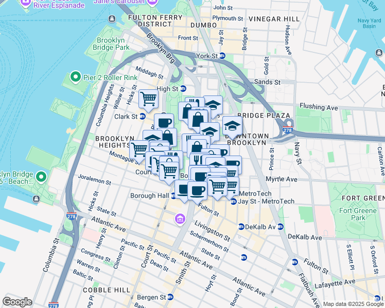 map of restaurants, bars, coffee shops, grocery stores, and more near 288 Brooklyn Bridge Boulevard in Brooklyn
