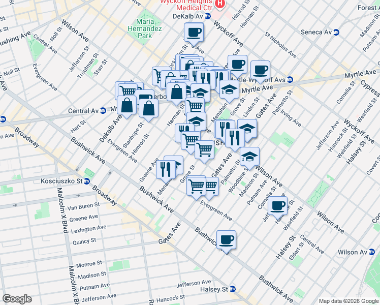 map of restaurants, bars, coffee shops, grocery stores, and more near Central Avenue & Menahan Street in Brooklyn