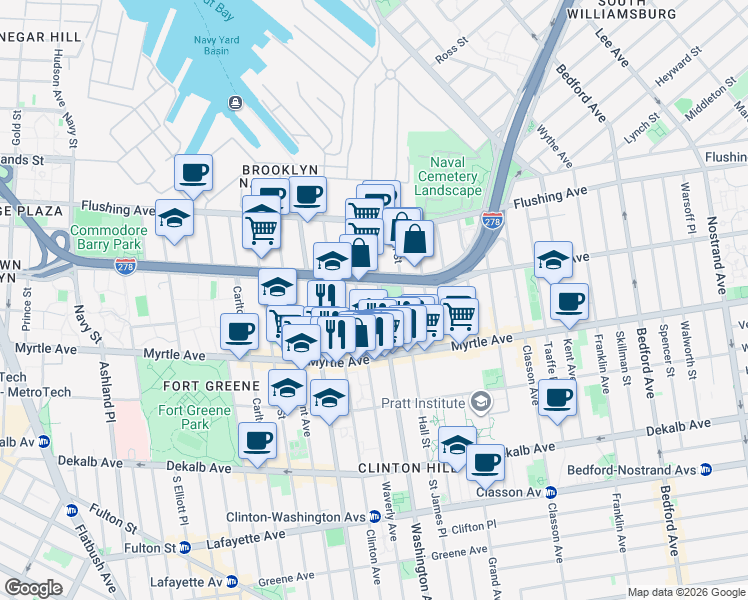 map of restaurants, bars, coffee shops, grocery stores, and more near 114 Washington Avenue in Brooklyn