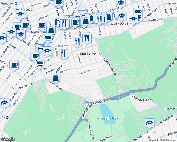 map of restaurants, bars, coffee shops, grocery stores, and more near 62-46 80th Road in Queens