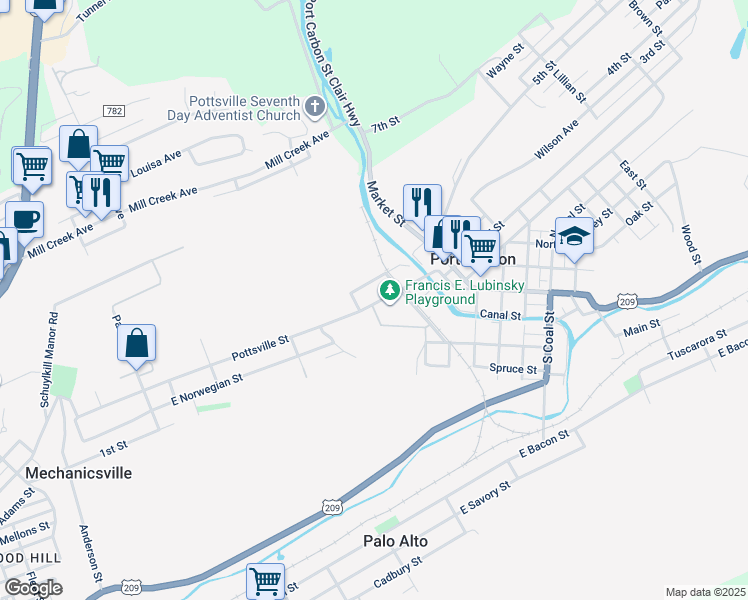 map of restaurants, bars, coffee shops, grocery stores, and more near 124 Pottsville Street in Port Carbon