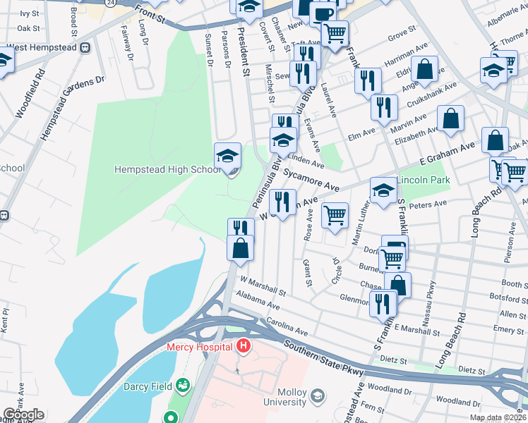 map of restaurants, bars, coffee shops, grocery stores, and more near 73 Mason Street in Hempstead