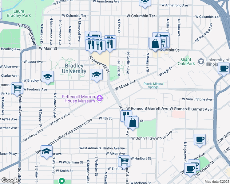 map of restaurants, bars, coffee shops, grocery stores, and more near 617 North Moss Avenue Terrace in Peoria