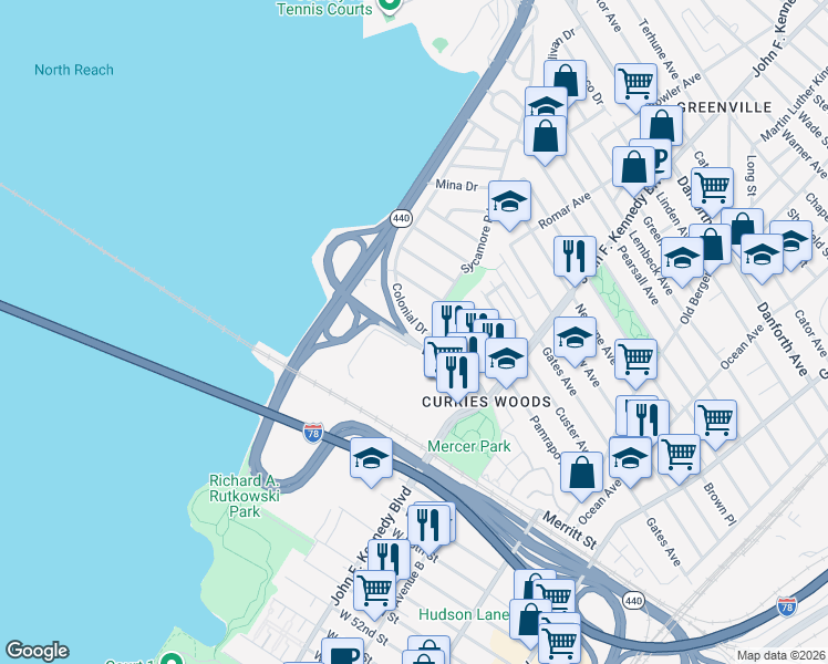 map of restaurants, bars, coffee shops, grocery stores, and more near 9 Colonial Drive in Bayonne