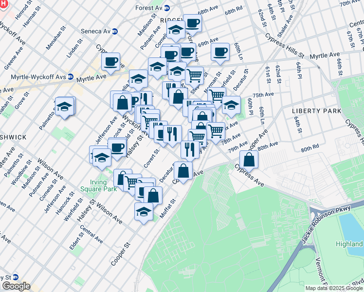 map of restaurants, bars, coffee shops, grocery stores, and more near 16-14 Summerfield Street in Queens