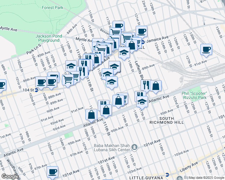 map of restaurants, bars, coffee shops, grocery stores, and more near 89-30 114th Street in Queens