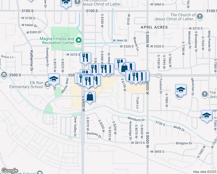 map of restaurants, bars, coffee shops, grocery stores, and more near 8252 Cascade View Way in Magna