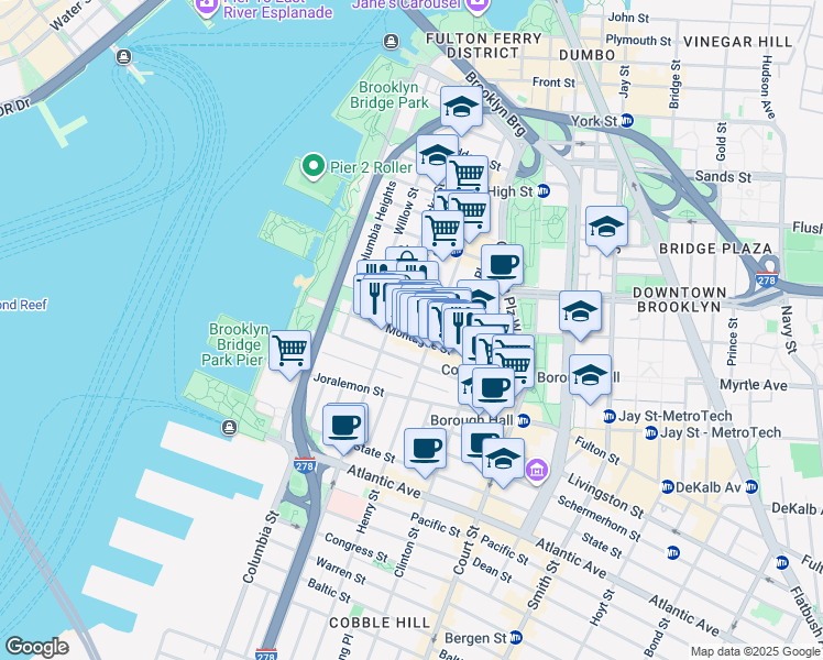 map of restaurants, bars, coffee shops, grocery stores, and more near 111 Montague Street in Brooklyn