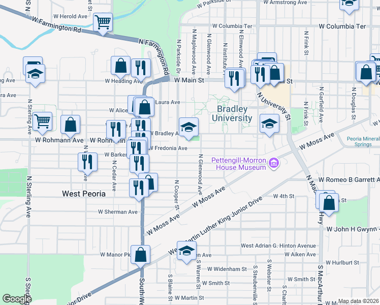 map of restaurants, bars, coffee shops, grocery stores, and more near 1614 West Fredonia Avenue in Peoria