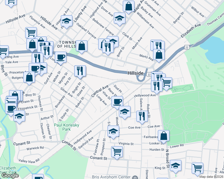 map of restaurants, bars, coffee shops, grocery stores, and more near 33 Race St in Hillside