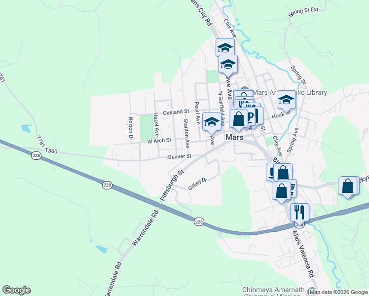 map of restaurants, bars, coffee shops, grocery stores, and more near 408 Beaver Street in Mars