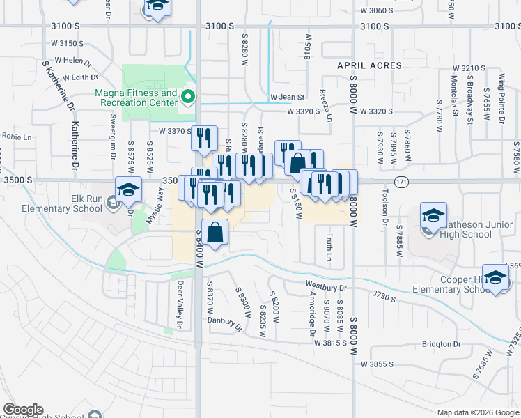map of restaurants, bars, coffee shops, grocery stores, and more near 3570 Kingsburg Cove in Magna