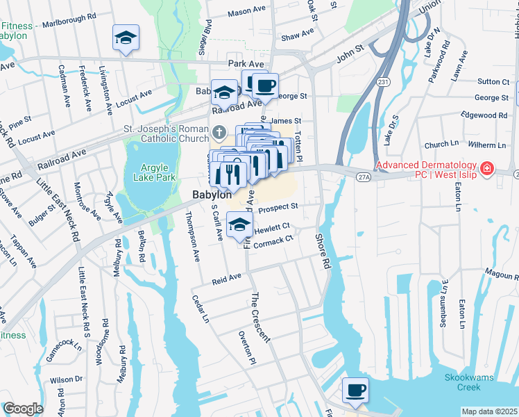 map of restaurants, bars, coffee shops, grocery stores, and more near 50 Prospect Street in Babylon