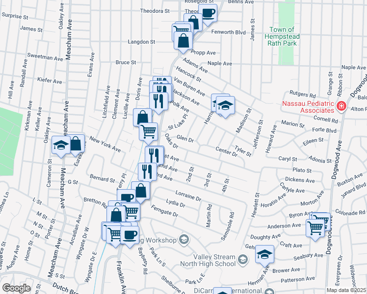 map of restaurants, bars, coffee shops, grocery stores, and more near 1000 Oaks Drive in Franklin Square