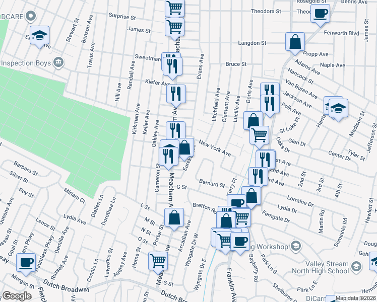 map of restaurants, bars, coffee shops, grocery stores, and more near 471 Eureka Avenue in Elmont