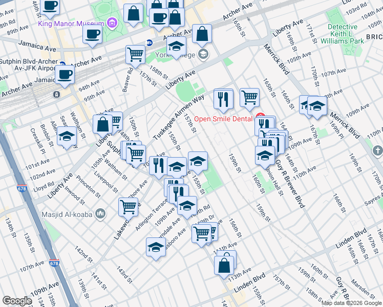map of restaurants, bars, coffee shops, grocery stores, and more near 10734 156th Street in Queens
