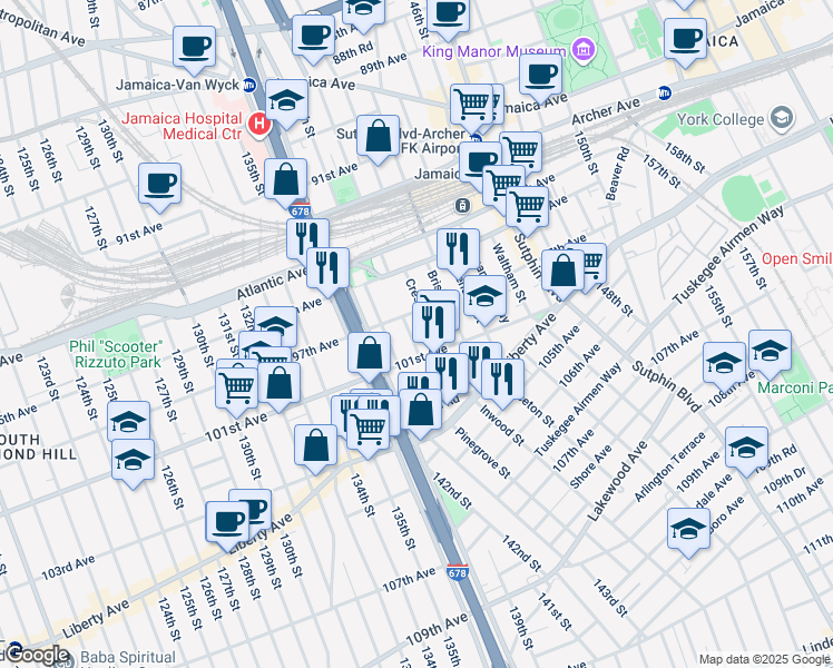 map of restaurants, bars, coffee shops, grocery stores, and more near 97-24 Sanders Place in Queens