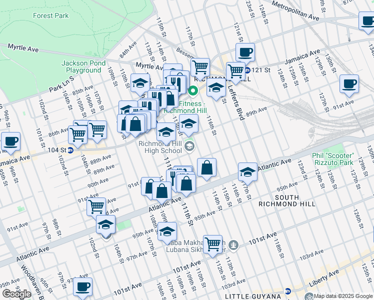 map of restaurants, bars, coffee shops, grocery stores, and more near 129-11 Jamaica Avenue in Queens