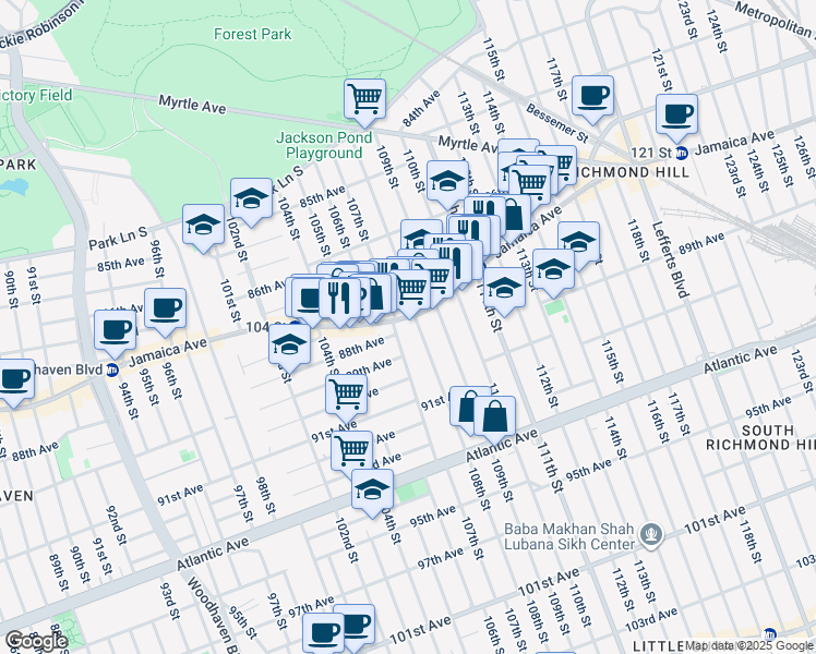 map of restaurants, bars, coffee shops, grocery stores, and more near 10471 88th Avenue in Queens