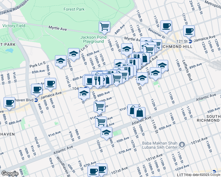 map of restaurants, bars, coffee shops, grocery stores, and more near 10471 88th Avenue in Queens