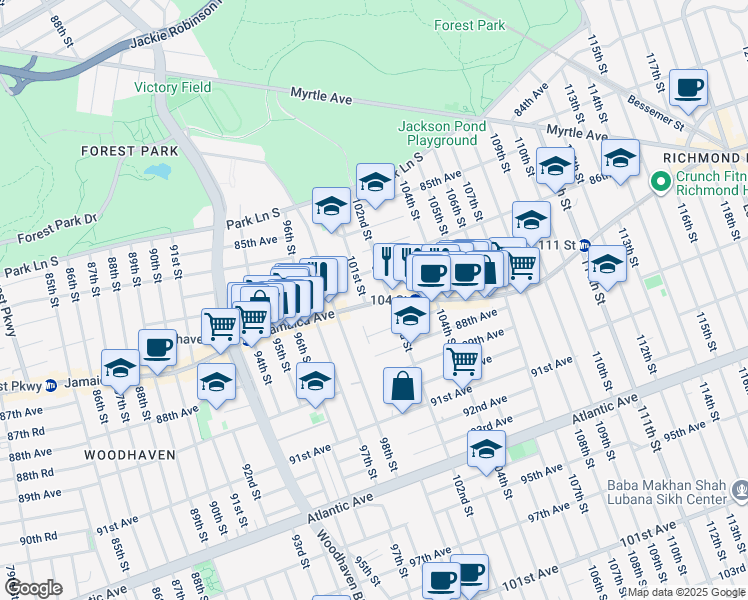 map of restaurants, bars, coffee shops, grocery stores, and more near 98-34 Jamaica Avenue in Queens