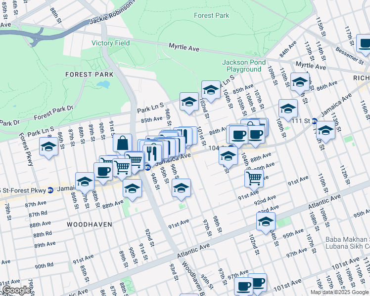 map of restaurants, bars, coffee shops, grocery stores, and more near 97-19 Jamaica Avenue in Queens