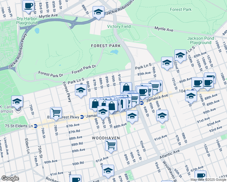 map of restaurants, bars, coffee shops, grocery stores, and more near 85-28 90th Street in Queens