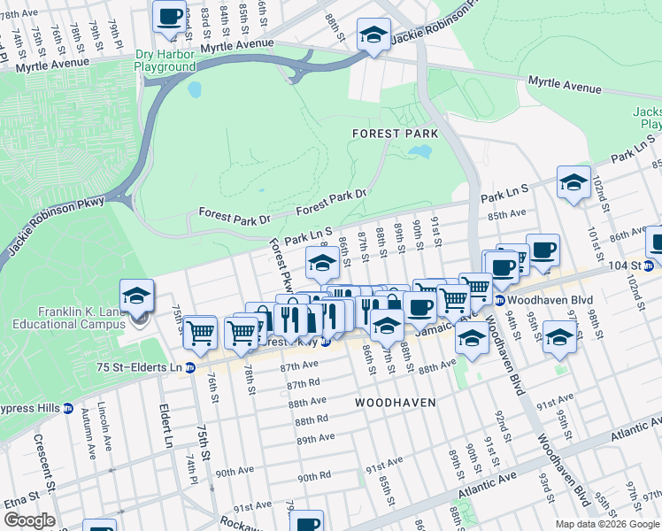map of restaurants, bars, coffee shops, grocery stores, and more near 84-50 85th Road in Queens