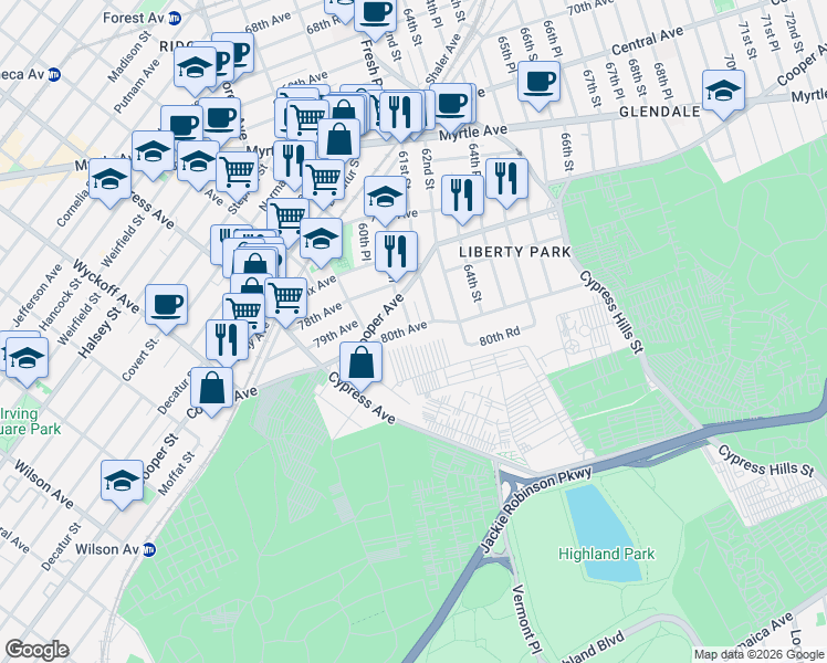 map of restaurants, bars, coffee shops, grocery stores, and more near 60-28 80th Avenue in Queens