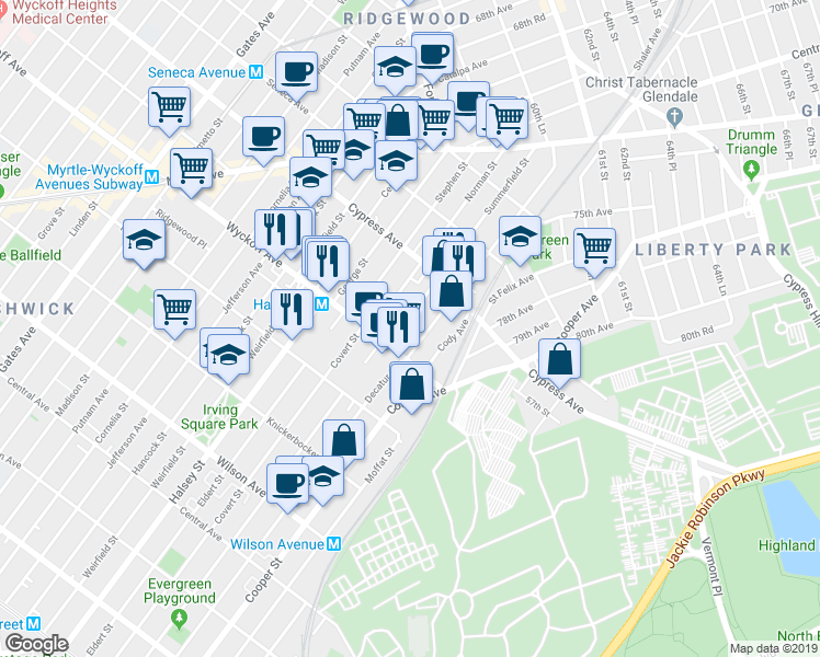 map of restaurants, bars, coffee shops, grocery stores, and more near 16-14 Summerfield Street in Queens