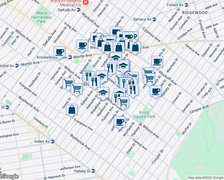 map of restaurants, bars, coffee shops, grocery stores, and more near 246 Woodbine Street in Brooklyn