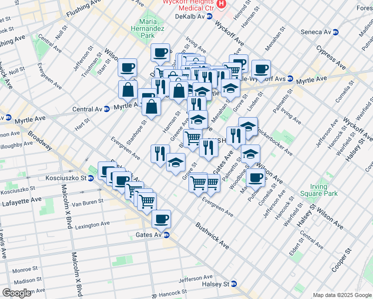 map of restaurants, bars, coffee shops, grocery stores, and more near 344 Central Avenue in Brooklyn