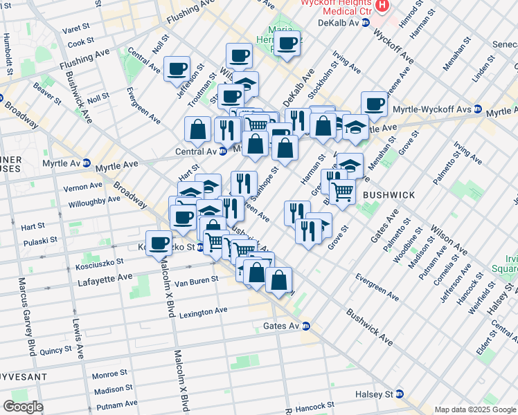 map of restaurants, bars, coffee shops, grocery stores, and more near 46 Himrod Street in Brooklyn