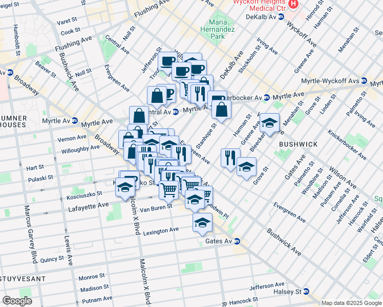 map of restaurants, bars, coffee shops, grocery stores, and more near 28 Stanhope Street in Brooklyn
