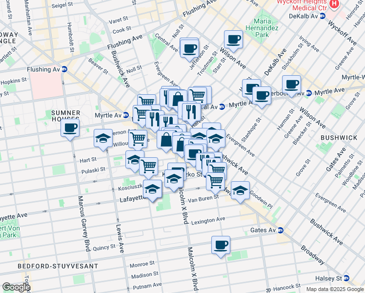map of restaurants, bars, coffee shops, grocery stores, and more near 16 Lawton Street in Brooklyn