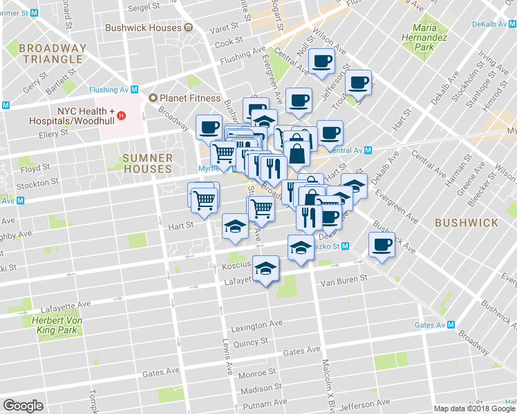map of restaurants, bars, coffee shops, grocery stores, and more near 415 Hart Street in Brooklyn