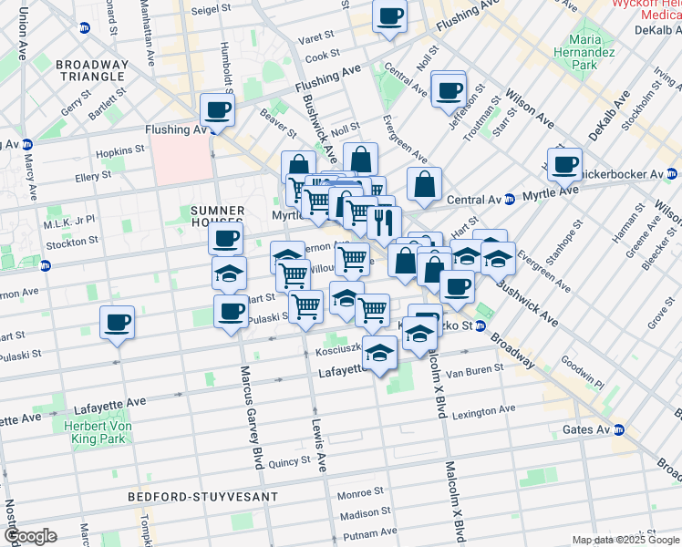 map of restaurants, bars, coffee shops, grocery stores, and more near 385 Hart Street in Brooklyn