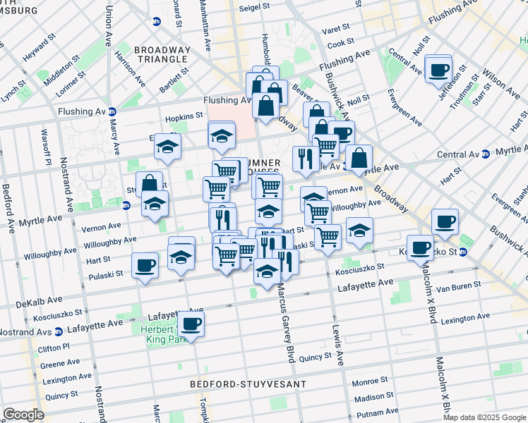 map of restaurants, bars, coffee shops, grocery stores, and more near 701 Willoughby Avenue in Brooklyn