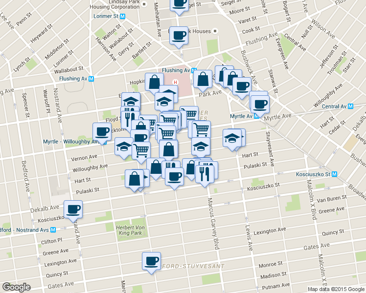 map of restaurants, bars, coffee shops, grocery stores, and more near 671 Willoughby Avenue in Brooklyn