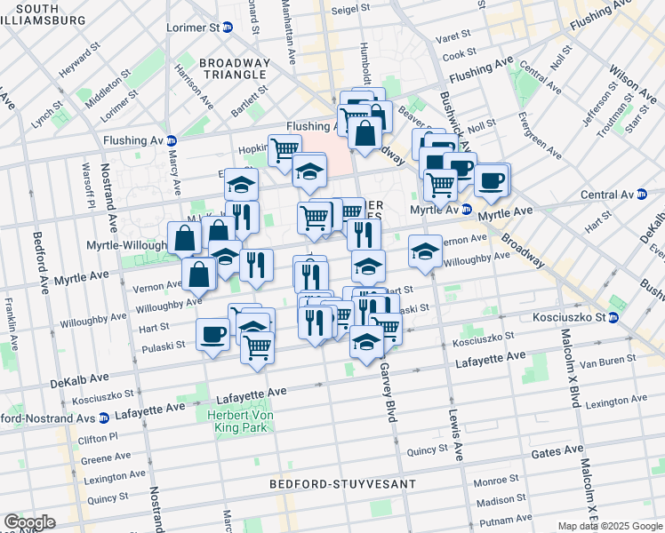 map of restaurants, bars, coffee shops, grocery stores, and more near 671 Willoughby Avenue in Brooklyn