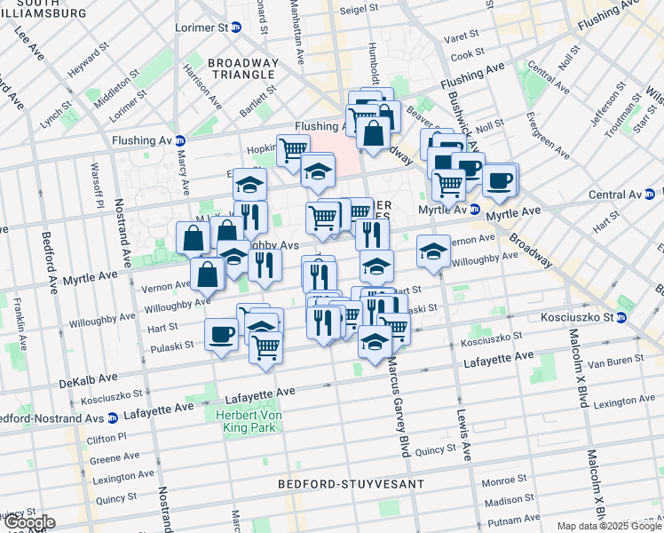map of restaurants, bars, coffee shops, grocery stores, and more near 671 Willoughby Avenue in Brooklyn