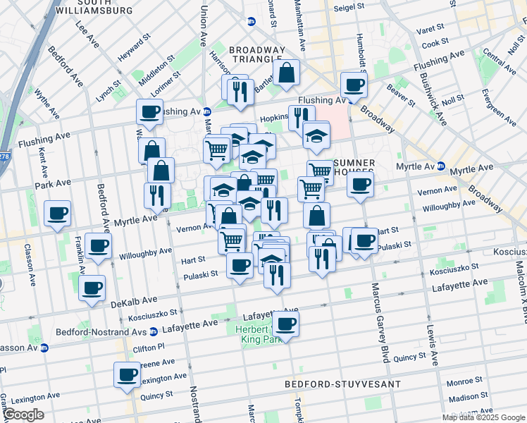 map of restaurants, bars, coffee shops, grocery stores, and more near 130 Vernon Avenue in Brooklyn