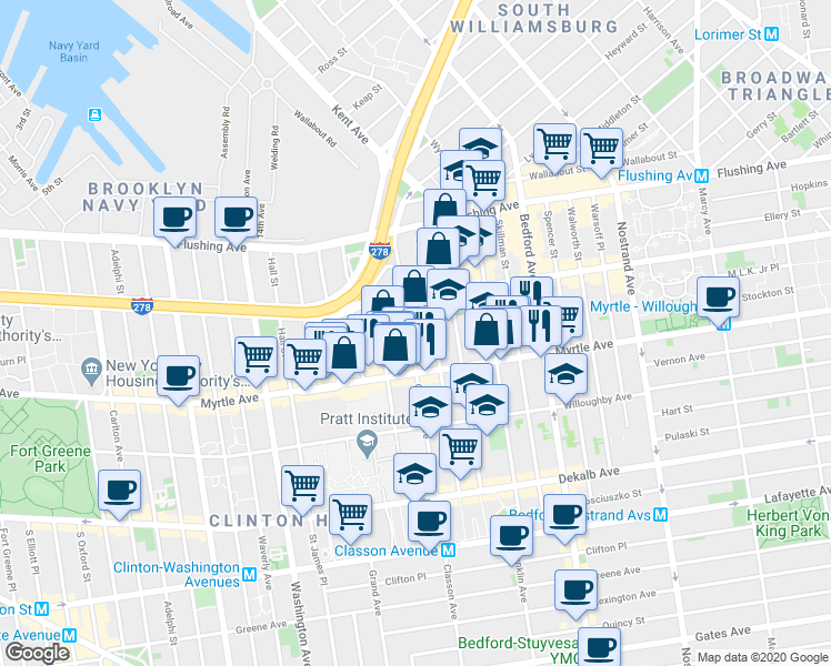 map of restaurants, bars, coffee shops, grocery stores, and more near 121 Taaffe Place in Brooklyn