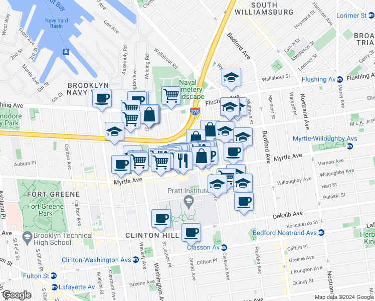 map of restaurants, bars, coffee shops, grocery stores, and more near 84 Steuben Street in Brooklyn
