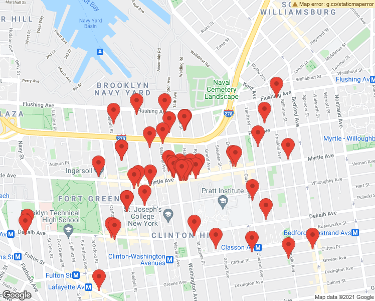 map of restaurants, bars, coffee shops, grocery stores, and more near 90 Hall Street in Brooklyn