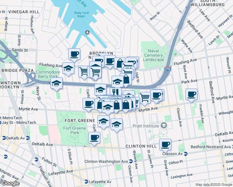 map of restaurants, bars, coffee shops, grocery stores, and more near 86 Clinton Avenue in Brooklyn