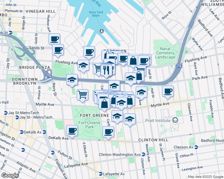 map of restaurants, bars, coffee shops, grocery stores, and more near 94 Adelphi Street in Brooklyn