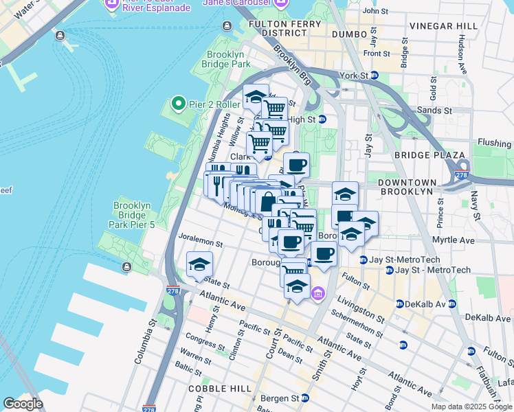 map of restaurants, bars, coffee shops, grocery stores, and more near 130 Montague Street in Brooklyn
