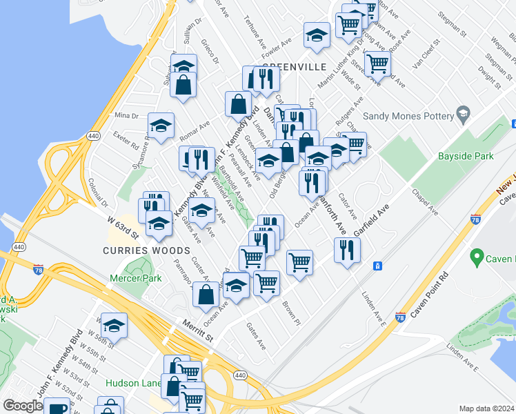 map of restaurants, bars, coffee shops, grocery stores, and more near 148 Pearsall Avenue in Jersey City